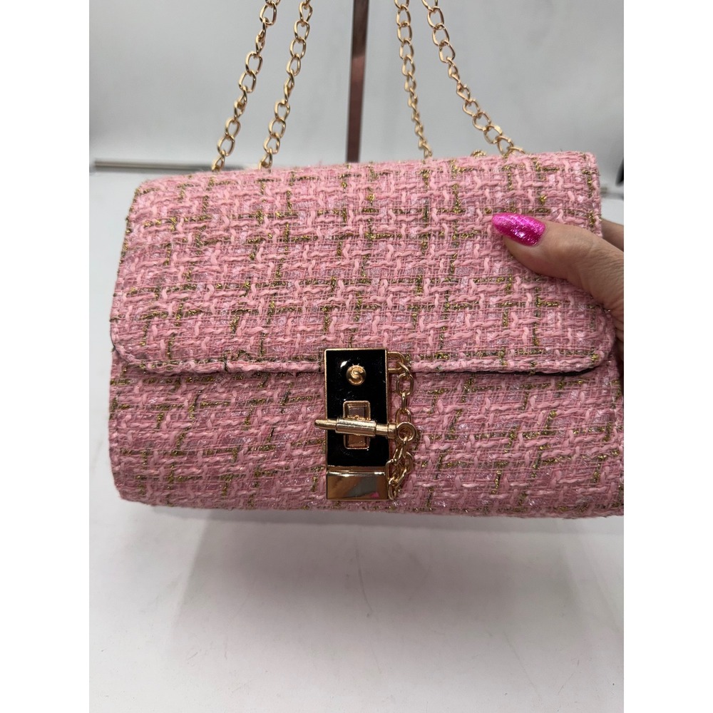 Pink Tweed Gold Metallic Chain Strap Fashion Shoulder Bag with Turn Lock Closure - Picture 3 of 9